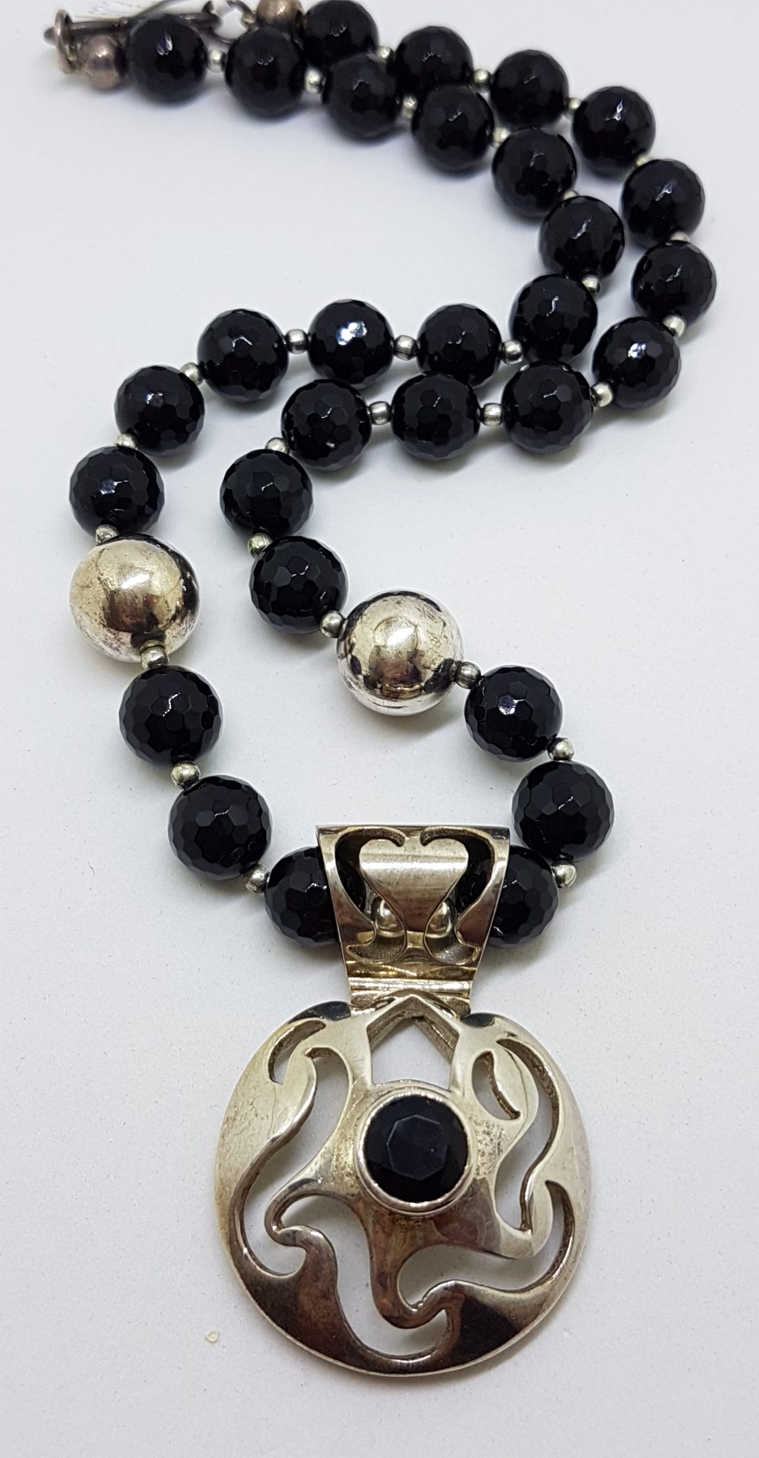 Sterling Silver Round Open Design Onyx Pendant on Thick Onyx Bead Necklace / Chain