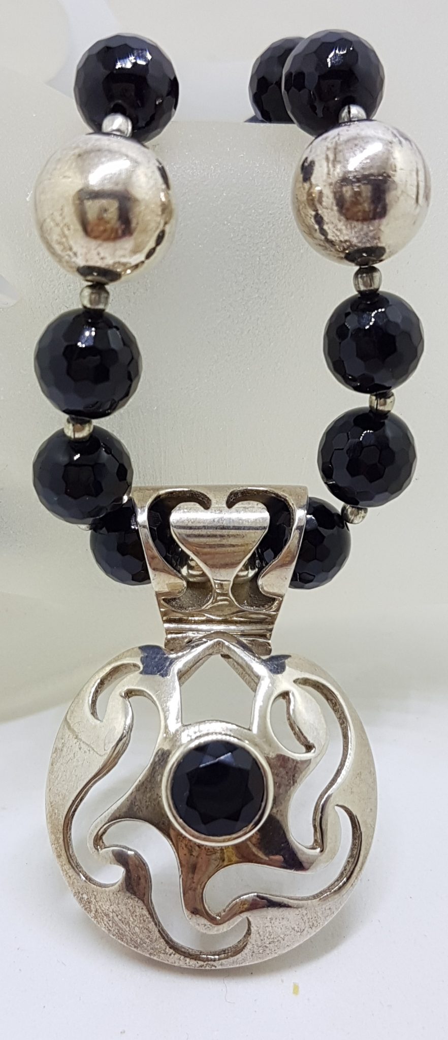 Sterling Silver Round Open Design Onyx Pendant on Thick Onyx Bead Necklace / Chain