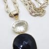 Sterling Silver Large Teardrop Pear Shape Onyx with Oval Clear Crystal Quartz Pendant on Silver Chain