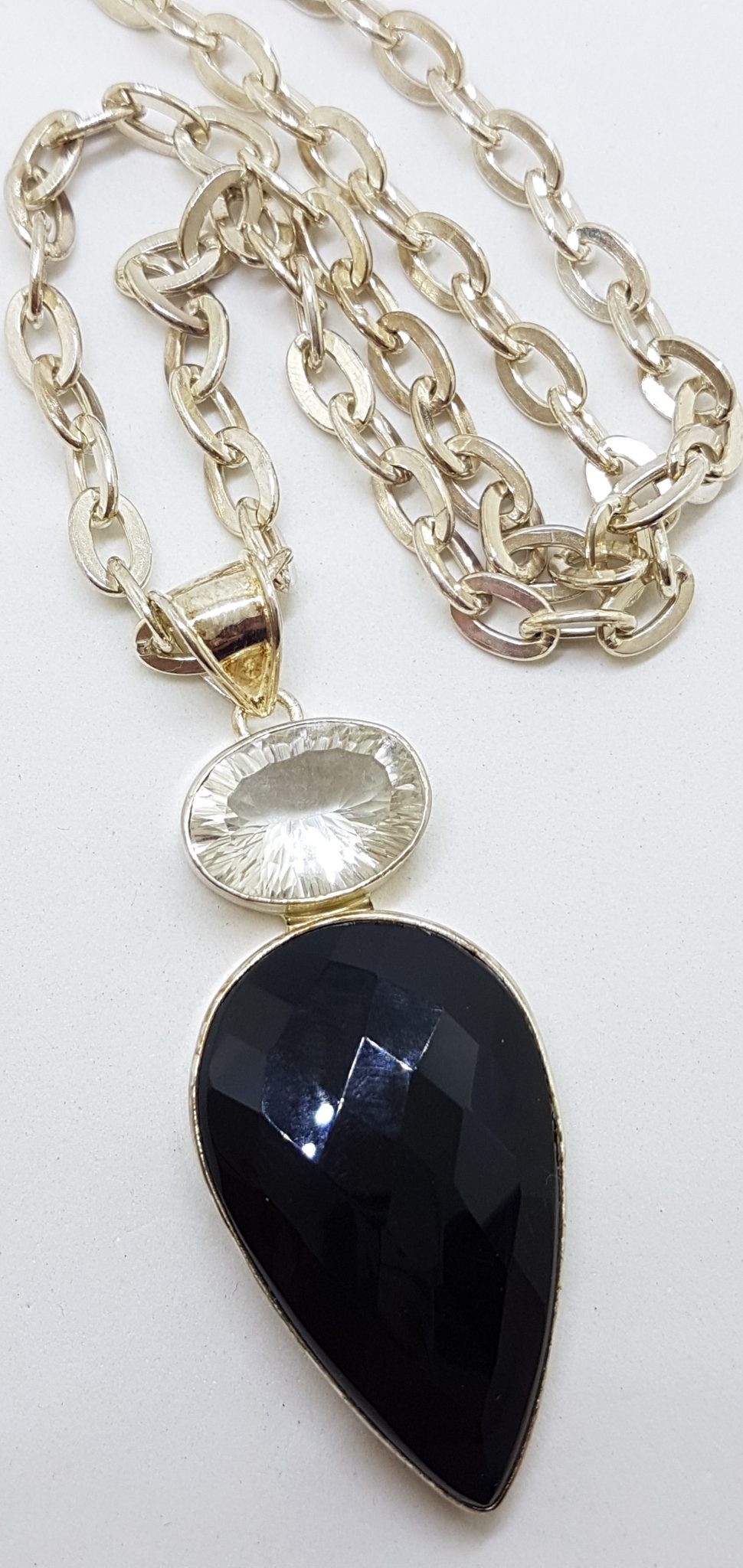 20200813_205146 Sterling Silver Large Teardrop Pear Shape Onyx with Oval Clear Crystal Quartz Pendant on Silver Chain