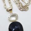 Sterling Silver Large Teardrop Pear Shape Onyx with Oval Clear Crystal Quartz Pendant on Silver Chain