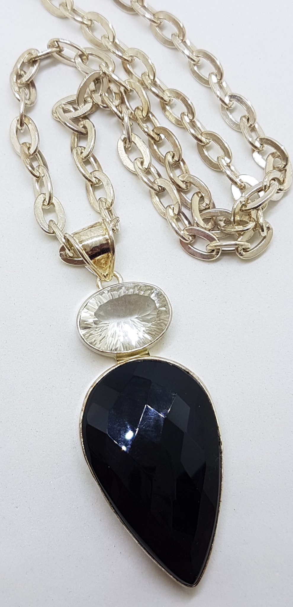 20200813_205206 Sterling Silver Large Teardrop Pear Shape Onyx with Oval Clear Crystal Quartz Pendant on Silver Chain