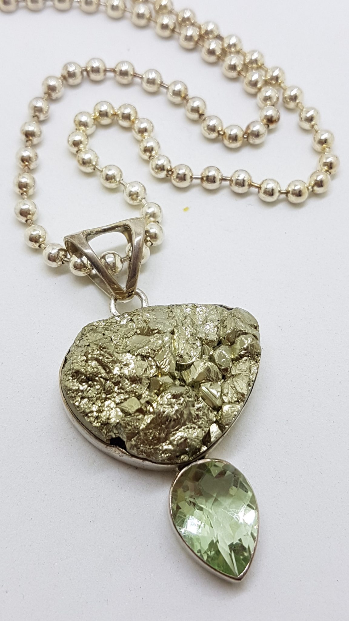 Sterling Silver Large Pyrite and Green Amethyst / Prasiolite Pendant on Thick Ball Link Silver Necklace / Chain