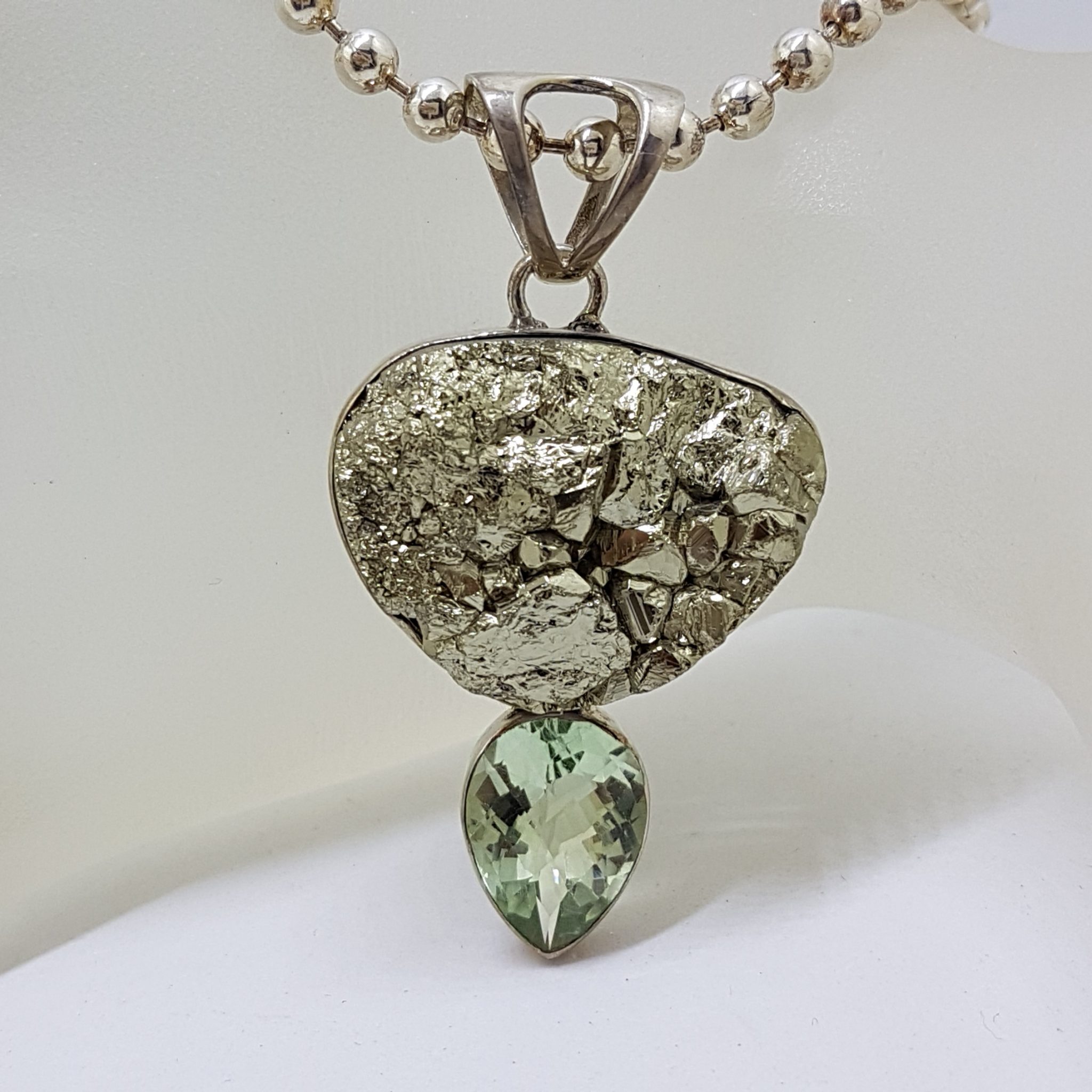 Sterling Silver Large Pyrite and Green Amethyst / Prasiolite Pendant on Thick Ball Link Silver Necklace / Chain