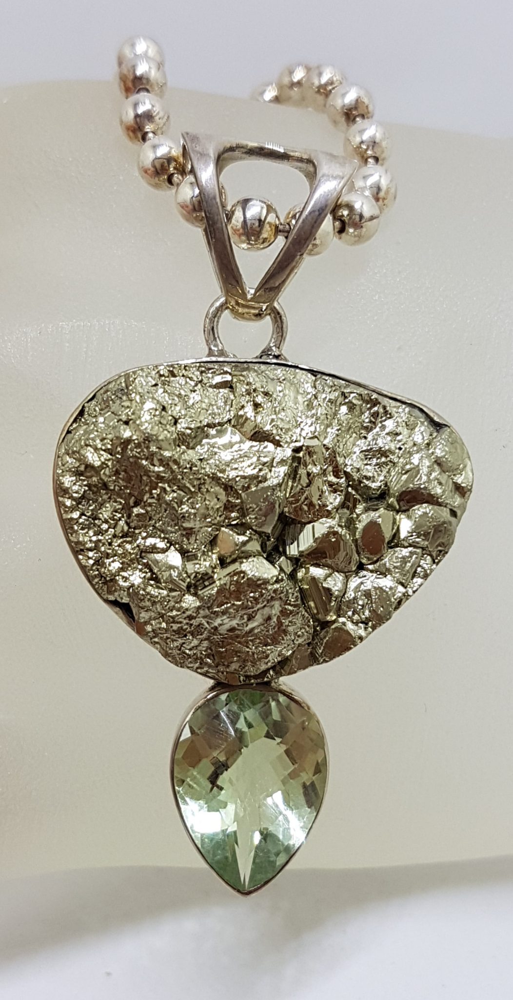 Sterling Silver Large Pyrite and Green Amethyst / Prasiolite Pendant on Thick Ball Link Silver Necklace / Chain
