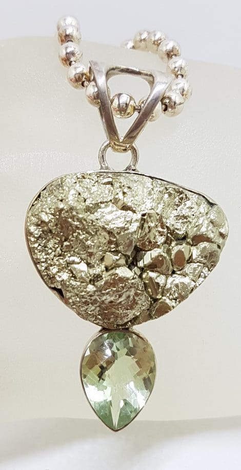 Sterling Silver Large Pyrite and Green Amethyst / Prasiolite Pendant on Thick Ball Link Silver Necklace / Chain