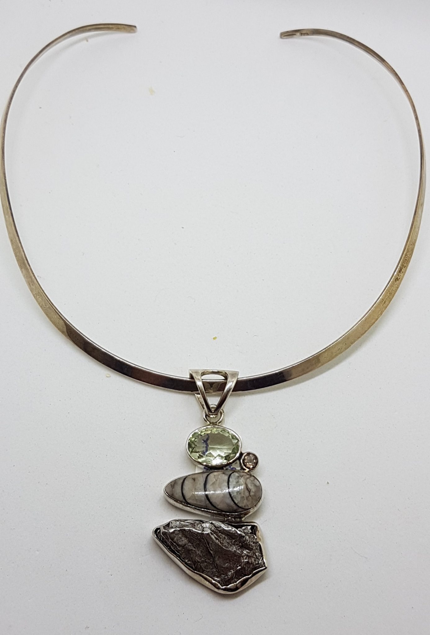 20200813_205330 Sterling Silver Green Amethyst / Prasiolite, Fossil, Smokey Quartz and Meteorite Pendant on Silver Choker / Necklace / Chain