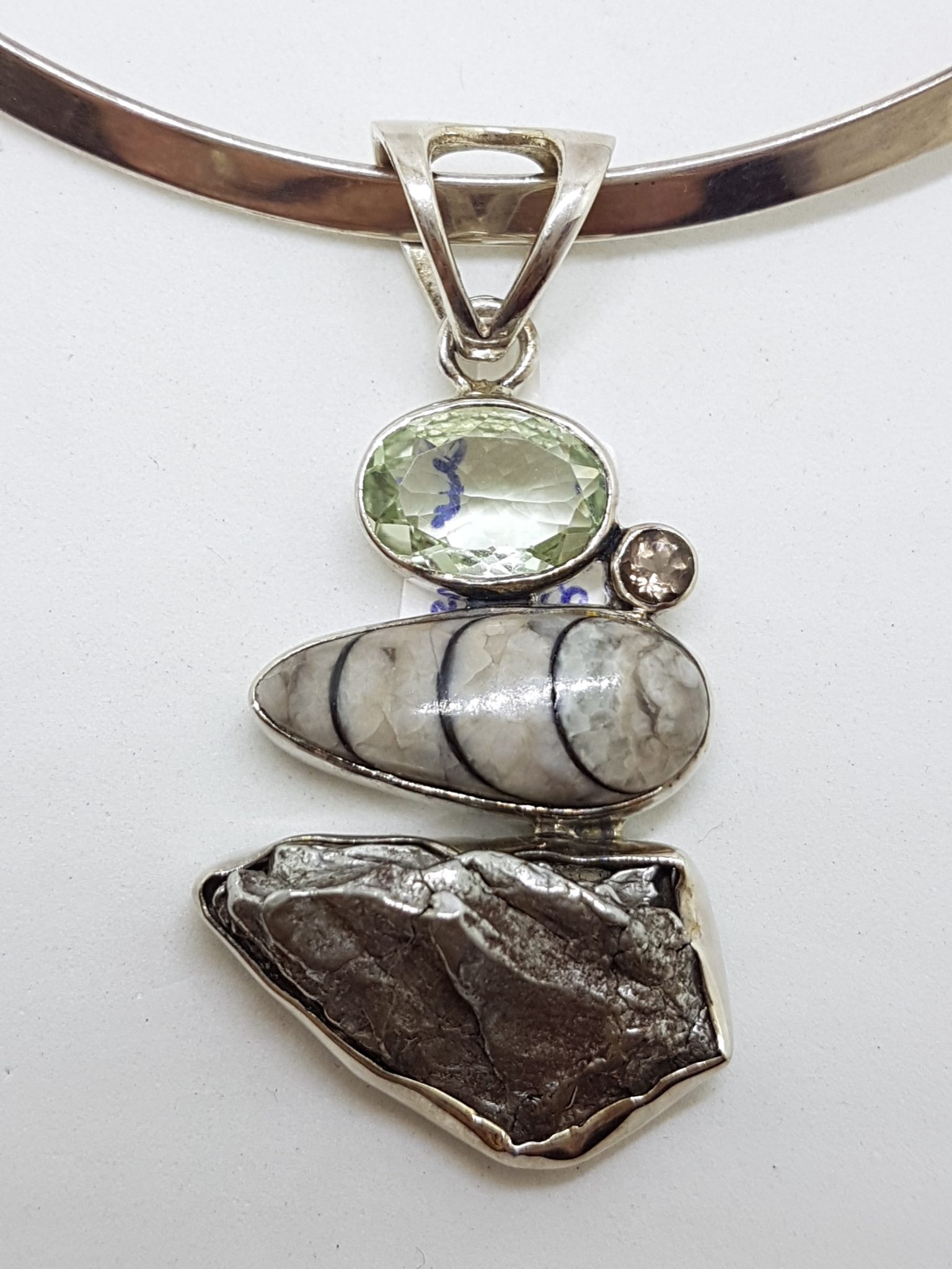 20200813_205343 Sterling Silver Green Amethyst / Prasiolite, Fossil, Smokey Quartz and Meteorite Pendant on Silver Choker / Necklace / Chain