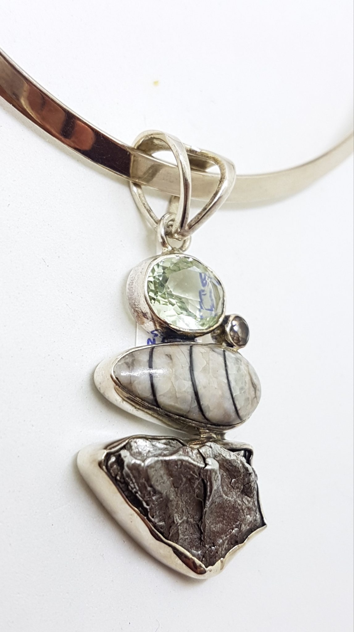 20200813_205357 Sterling Silver Green Amethyst / Prasiolite, Fossil, Smokey Quartz and Meteorite Pendant on Silver Choker / Necklace / Chain