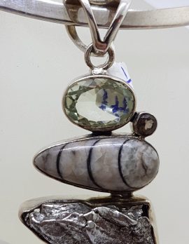 Sterling Silver Green Amethyst / Prasiolite, Fossil, Smokey Quartz and Meteorite Pendant on Silver Choker / Necklace / Chain