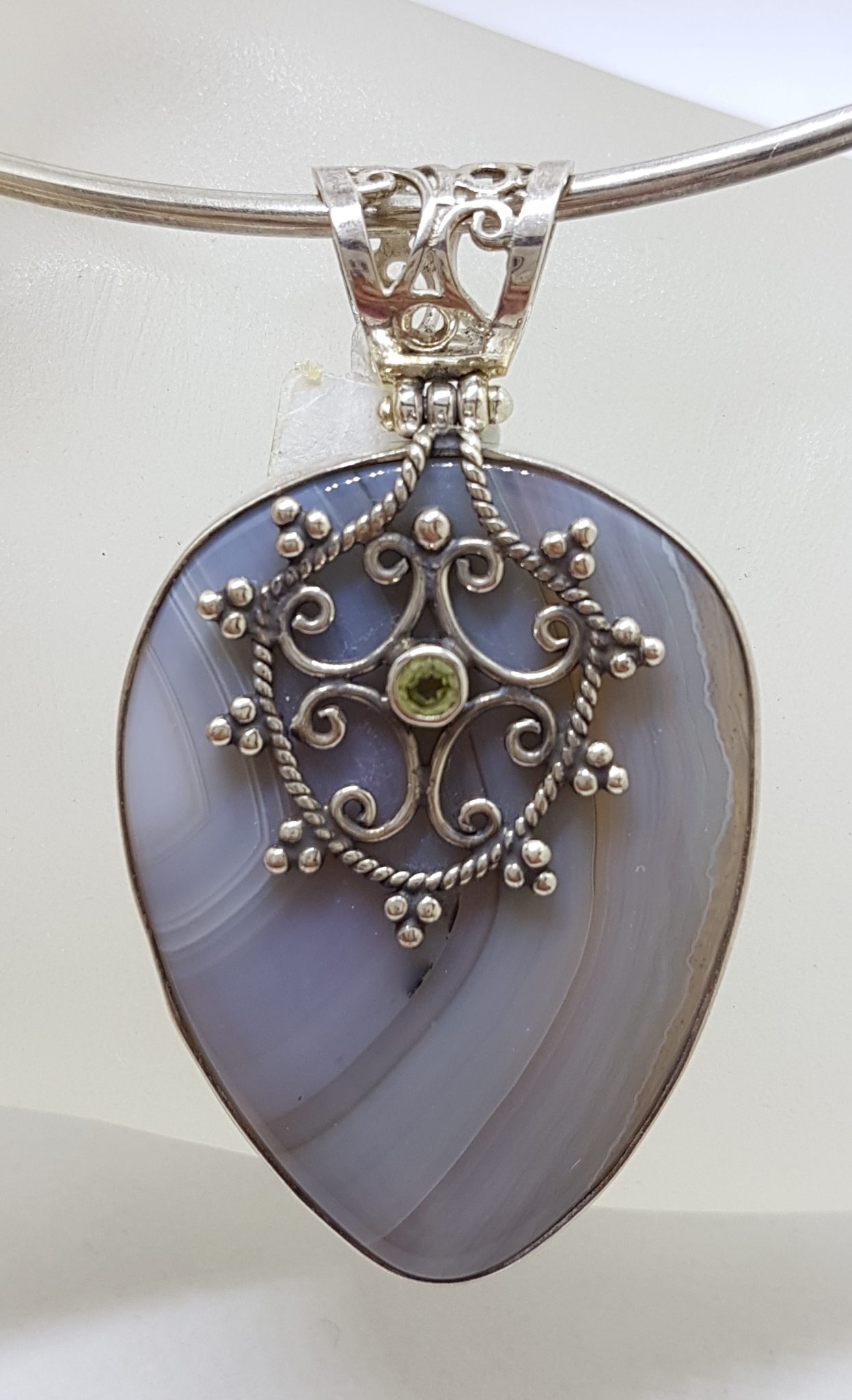 Sterling Silver Large Agate with Ornate Filigree set Peridot Pendant on Sterling Silver Choker