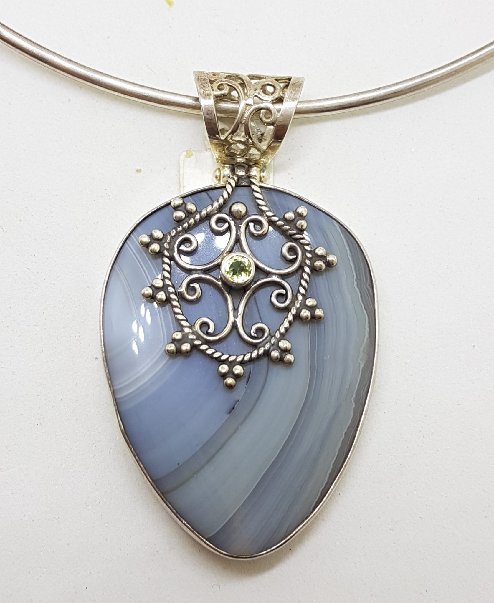 Sterling Silver Large Agate with Ornate Filigree set Peridot Pendant on Sterling Silver Choker