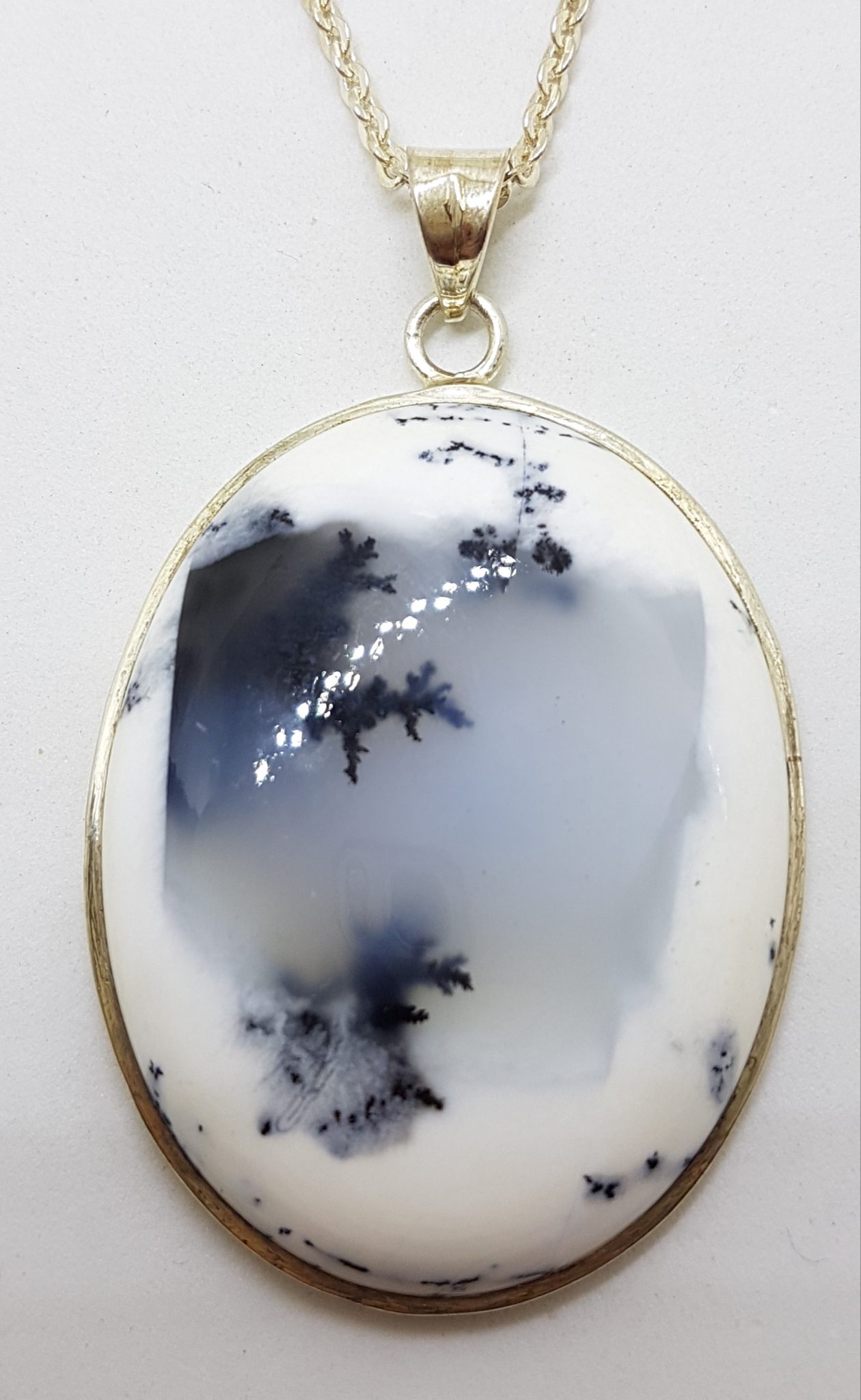 Sterling Silver Dendritic Agate Large Oval Pendant on Silver Chain