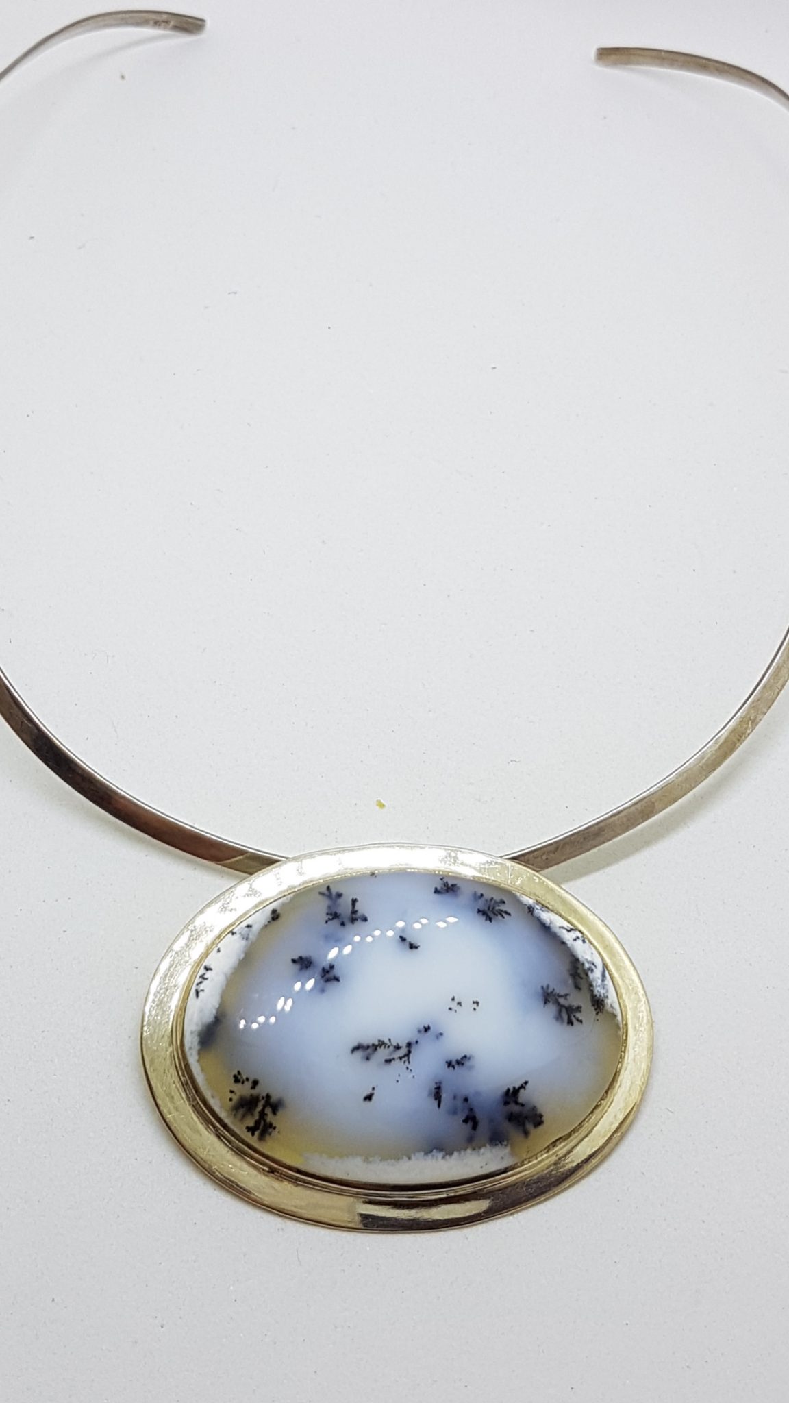 Sterling Silver Dendritic Agate Large Oval Pendant on Silver Choker / Chain / Necklace