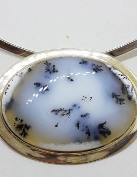 Sterling Silver Dendritic Agate Large Oval Pendant on Silver Choker / Chain / Necklace