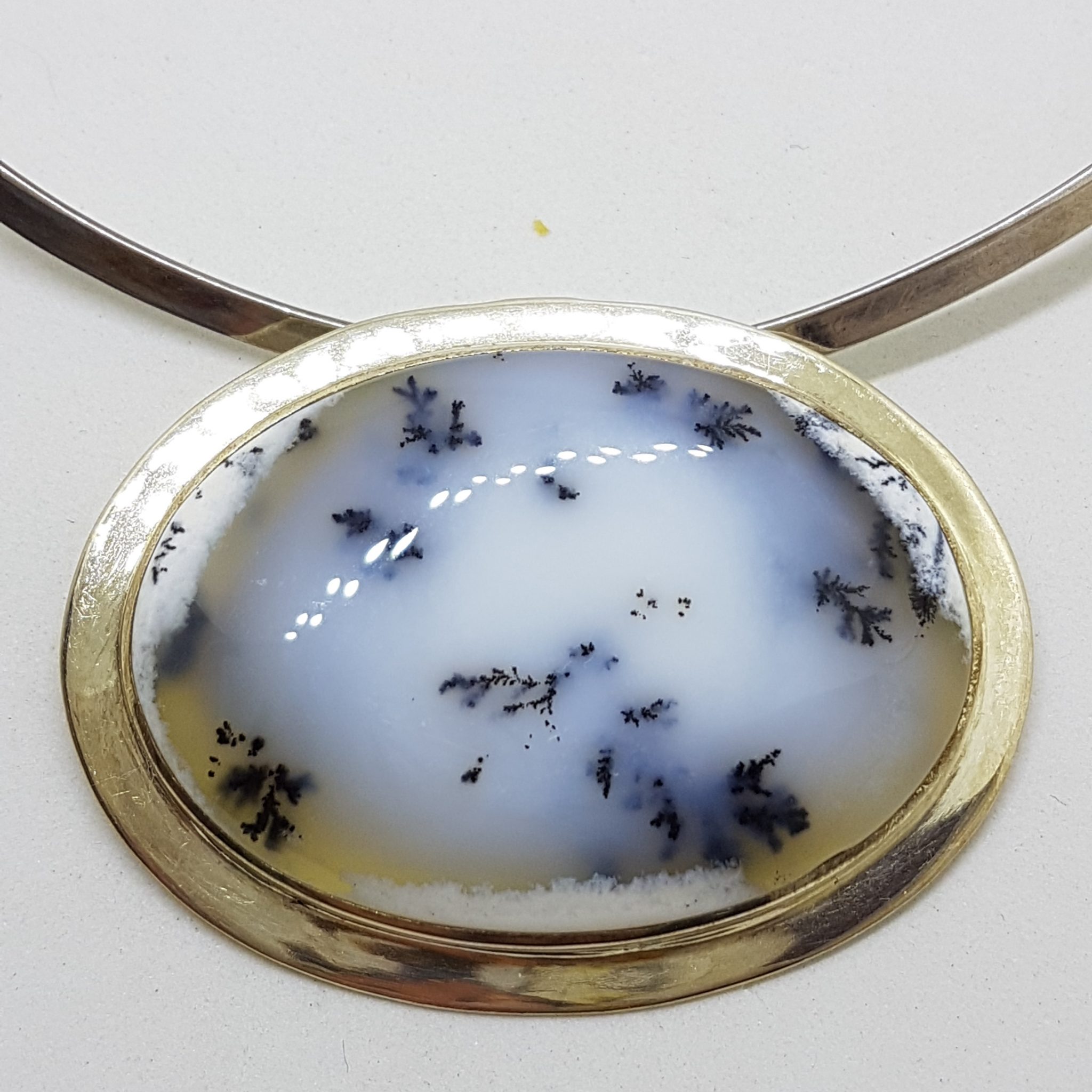 Sterling Silver Dendritic Agate Large Oval Pendant on Silver Choker / Chain / Necklace
