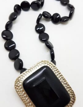 Sterling Silver Large Rectangular Onyx Pendant on Silver & Onyx Bead Chain / Necklace