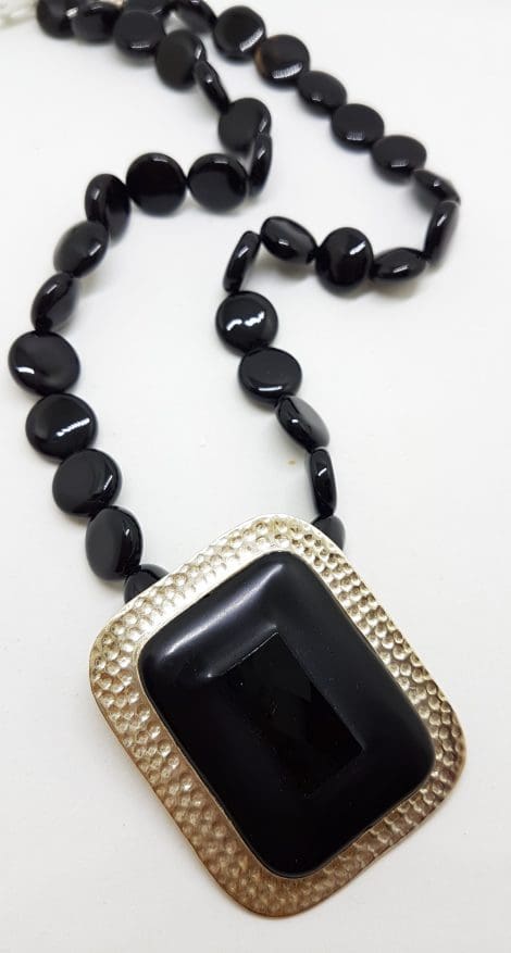 Sterling Silver Large Rectangular Onyx Pendant on Silver & Onyx Bead Chain / Necklace