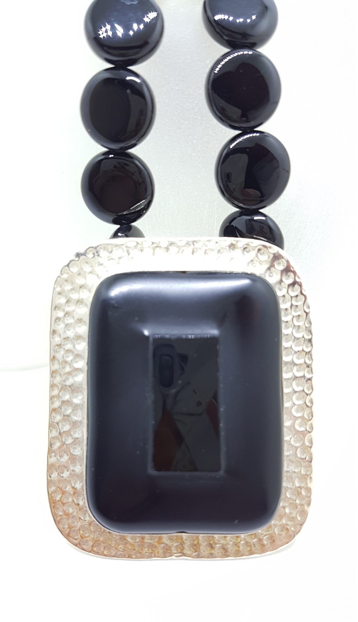 Sterling Silver Large Rectangular Onyx Pendant on Silver & Onyx Bead Chain / Necklace