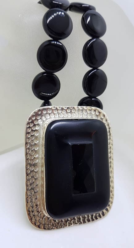 Sterling Silver Large Rectangular Onyx Pendant on Silver & Onyx Bead Chain / Necklace