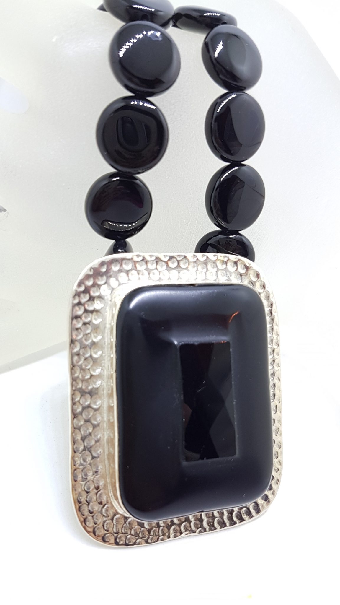 Sterling Silver Large Rectangular Onyx Pendant on Silver & Onyx Bead Chain / Necklace