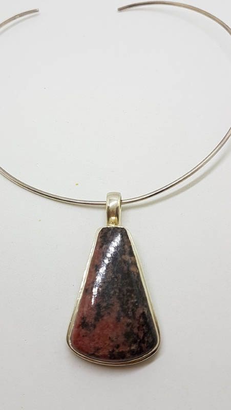 Sterling Silver Large Rhodonite Pendant on Silver Choker Necklace