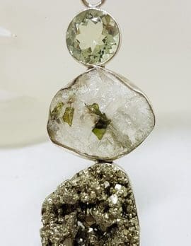 Sterling Silver Large Pyrite, Tourmaline and Quartz Pendant on Chain