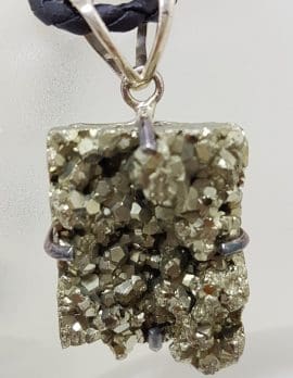Sterling Silver Large Pyrite Pendant on Silver Black Chain