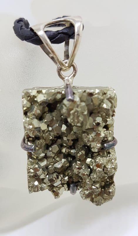 Sterling Silver Large Pyrite Pendant on Silver Black Chain