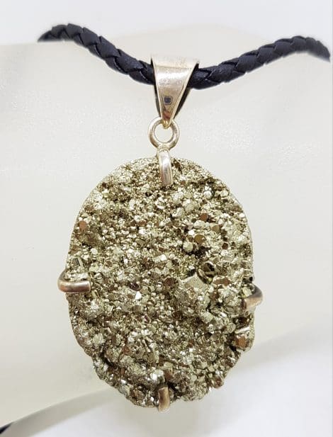 Sterling Silver Large Oval Pyrite Pendant on Silver and Black Chain