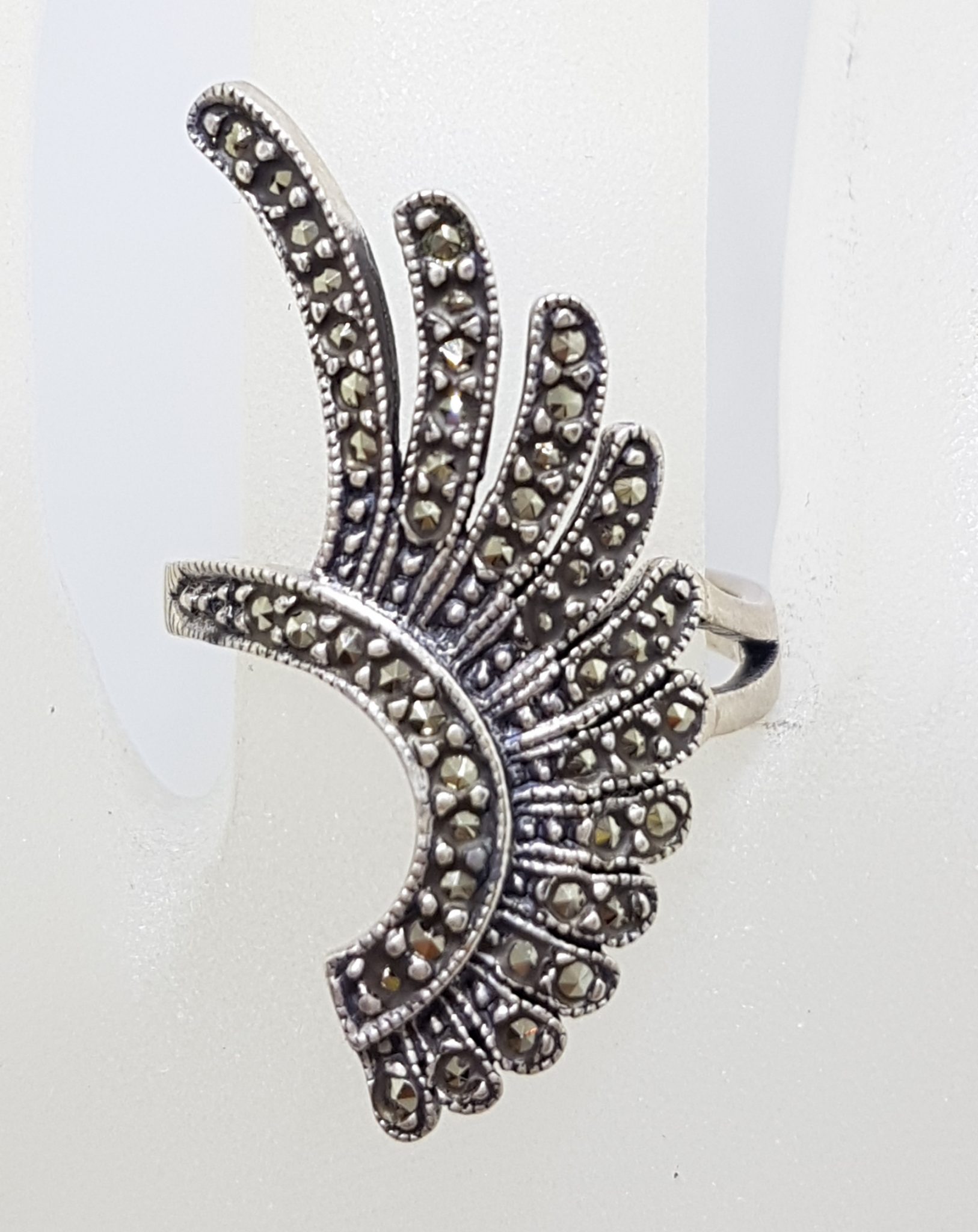 Sterling Silver Marcasite Large Curved Fan Shape Ring