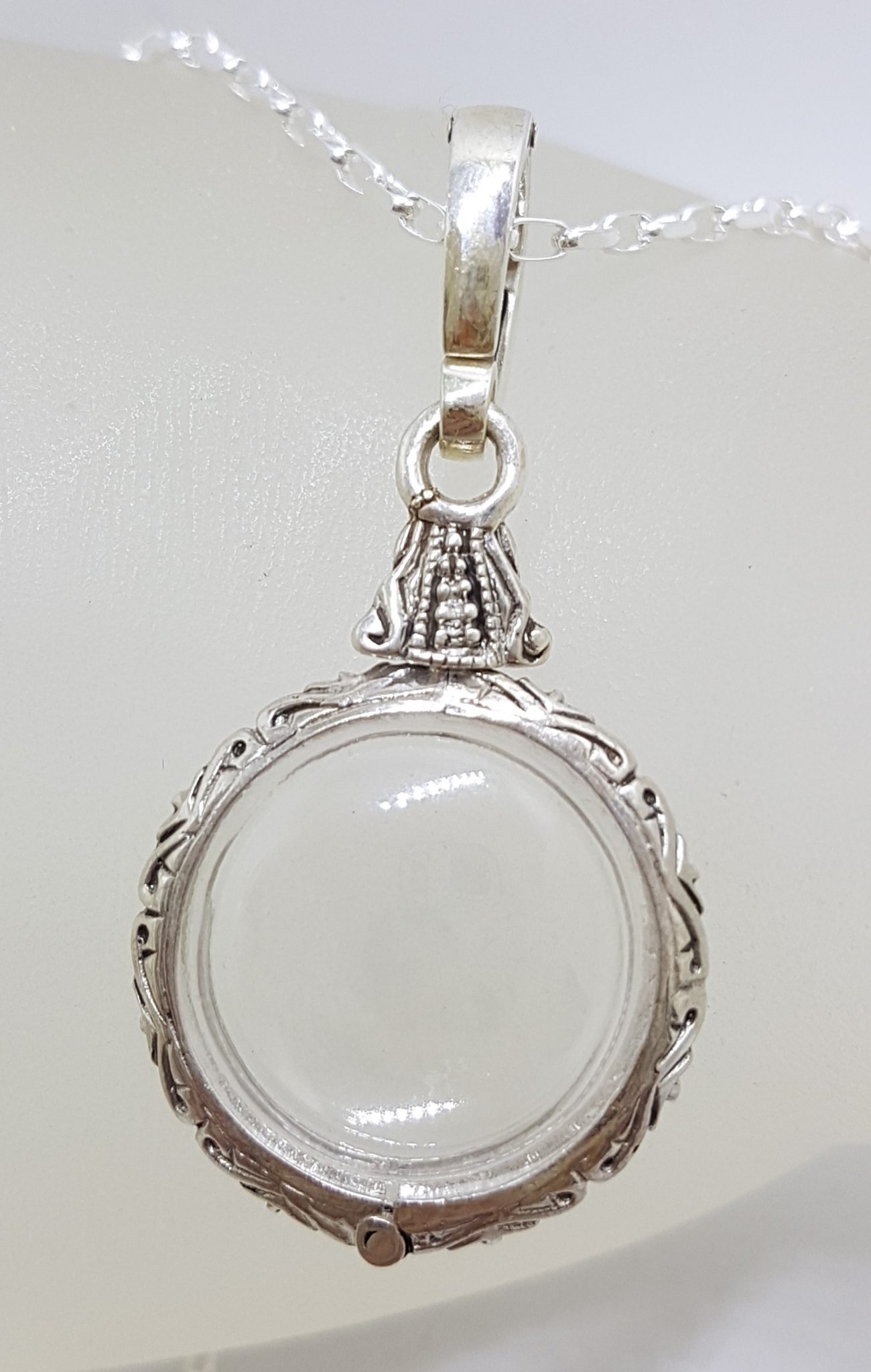 Sterling Silver Round Ornate Locket Pendant on Silver Chain