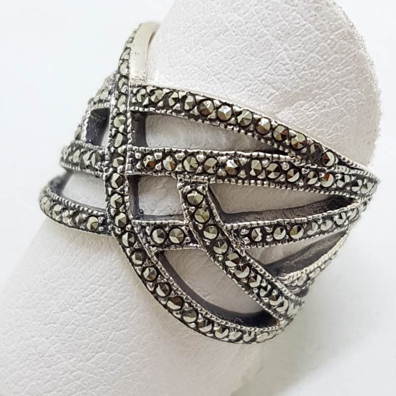 Sterling Silver Wide Marcasite Plait Design Ring