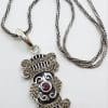 Sterling Silver Large Ornate Onyx, Marcasite and Garnet Art Deco Style Pendant on Silver Chain