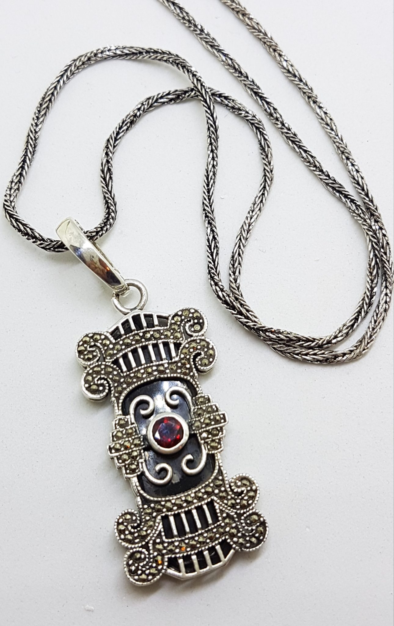 Sterling Silver Large Ornate Onyx, Marcasite and Garnet Art Deco Style Pendant on Silver Chain