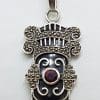 Sterling Silver Large Ornate Onyx, Marcasite and Garnet Art Deco Style Pendant on Silver Chain