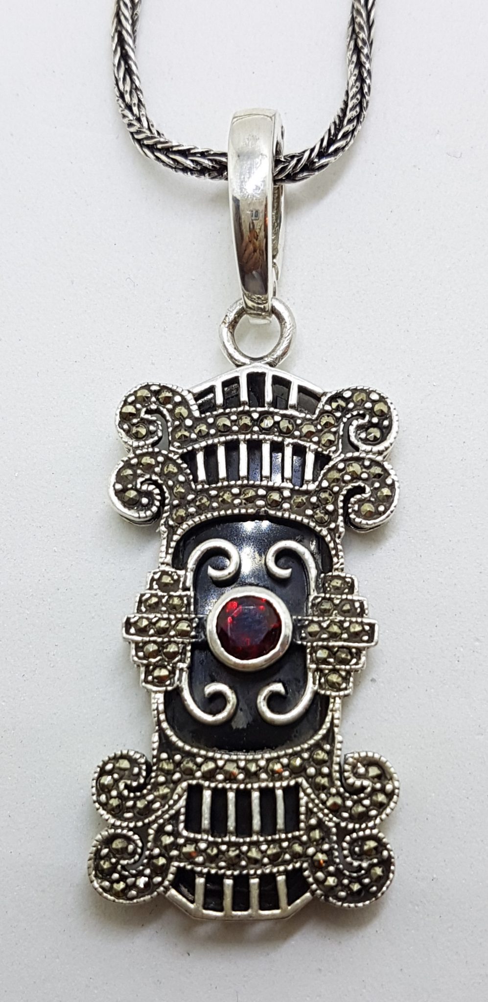 Sterling Silver Large Ornate Onyx, Marcasite and Garnet Art Deco Style Pendant on Silver Chain