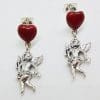 Sterling Silver Red Enamel Heart Cupid / Amore / Eros / Angel Drop Earrings