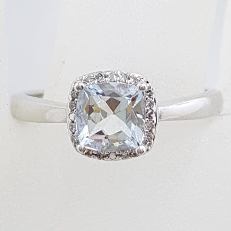 10ct White Gold Aquamarine and Diamond Square Ring