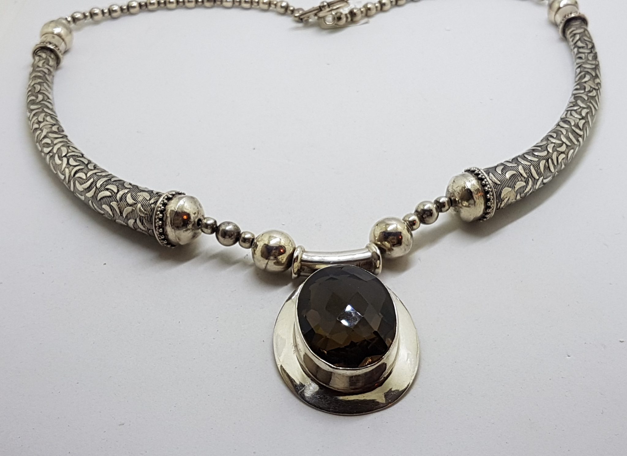 Sterling Silver Large Oval Smokey Quartz Chunky and Unusual Necklace / Chain