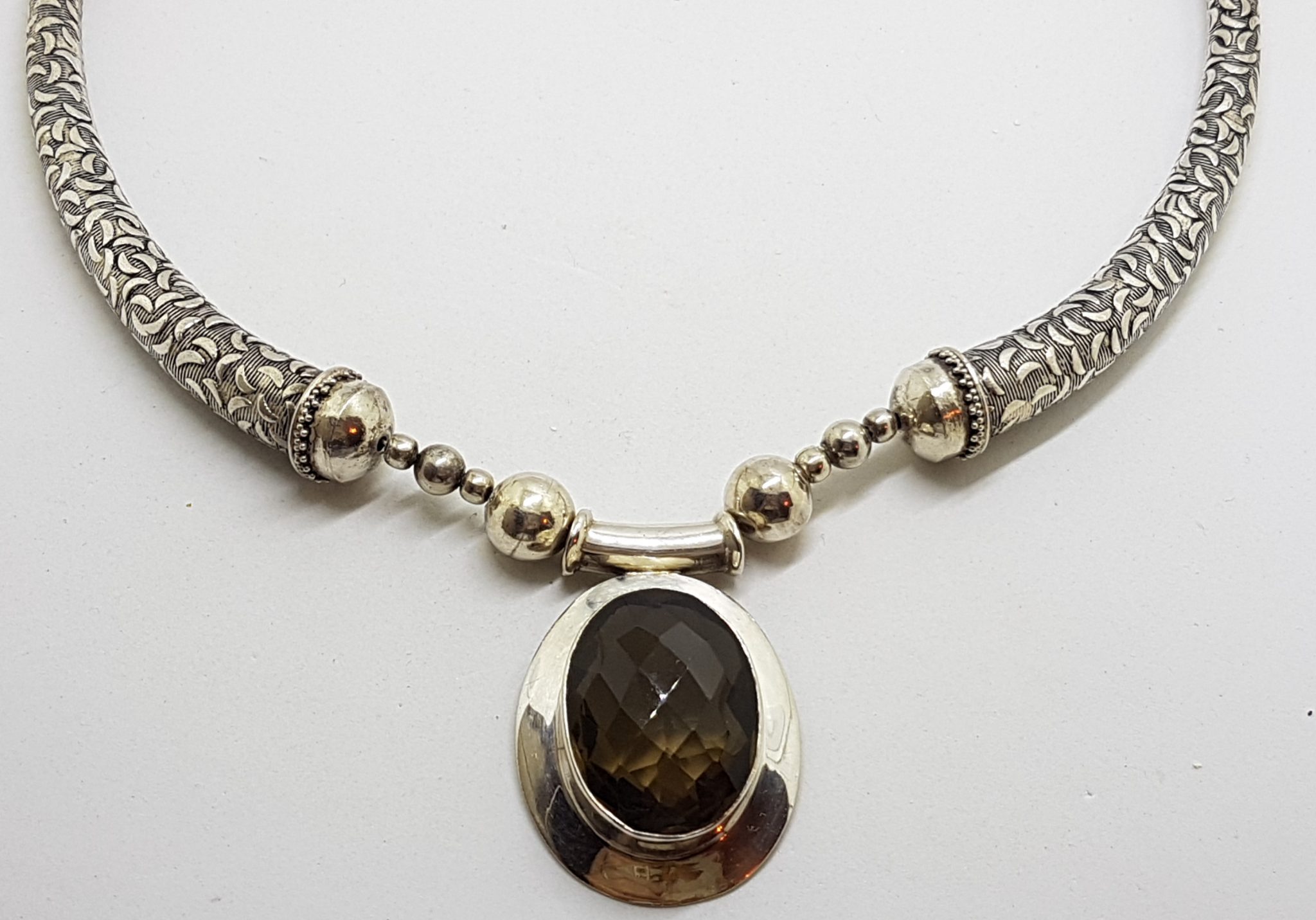 Sterling Silver Large Oval Smokey Quartz Chunky and Unusual Necklace / Chain