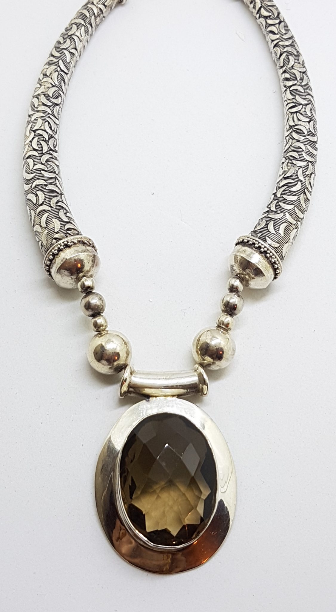 Sterling Silver Large Oval Smokey Quartz Chunky and Unusual Necklace / Chain
