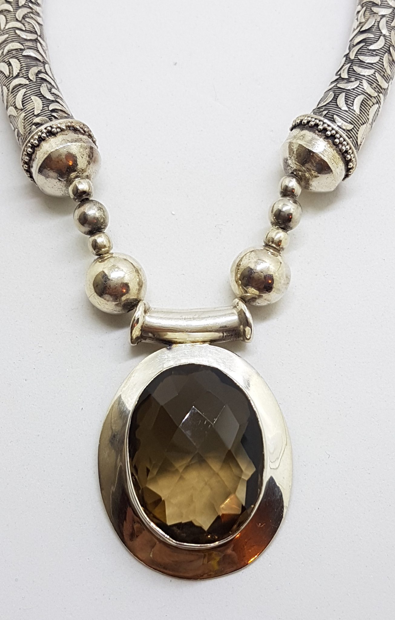 Sterling Silver Large Oval Smokey Quartz Chunky and Unusual Necklace / Chain
