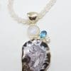 Sterling Silver Large Moonstone, Topaz, Clear Crystal Quartz and Druzy Agate on Rose Quartz Chain / Necklace