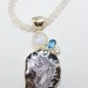 Sterling Silver Large Moonstone, Topaz, Clear Crystal Quartz and Druzy Agate on Rose Quartz Chain / Necklace