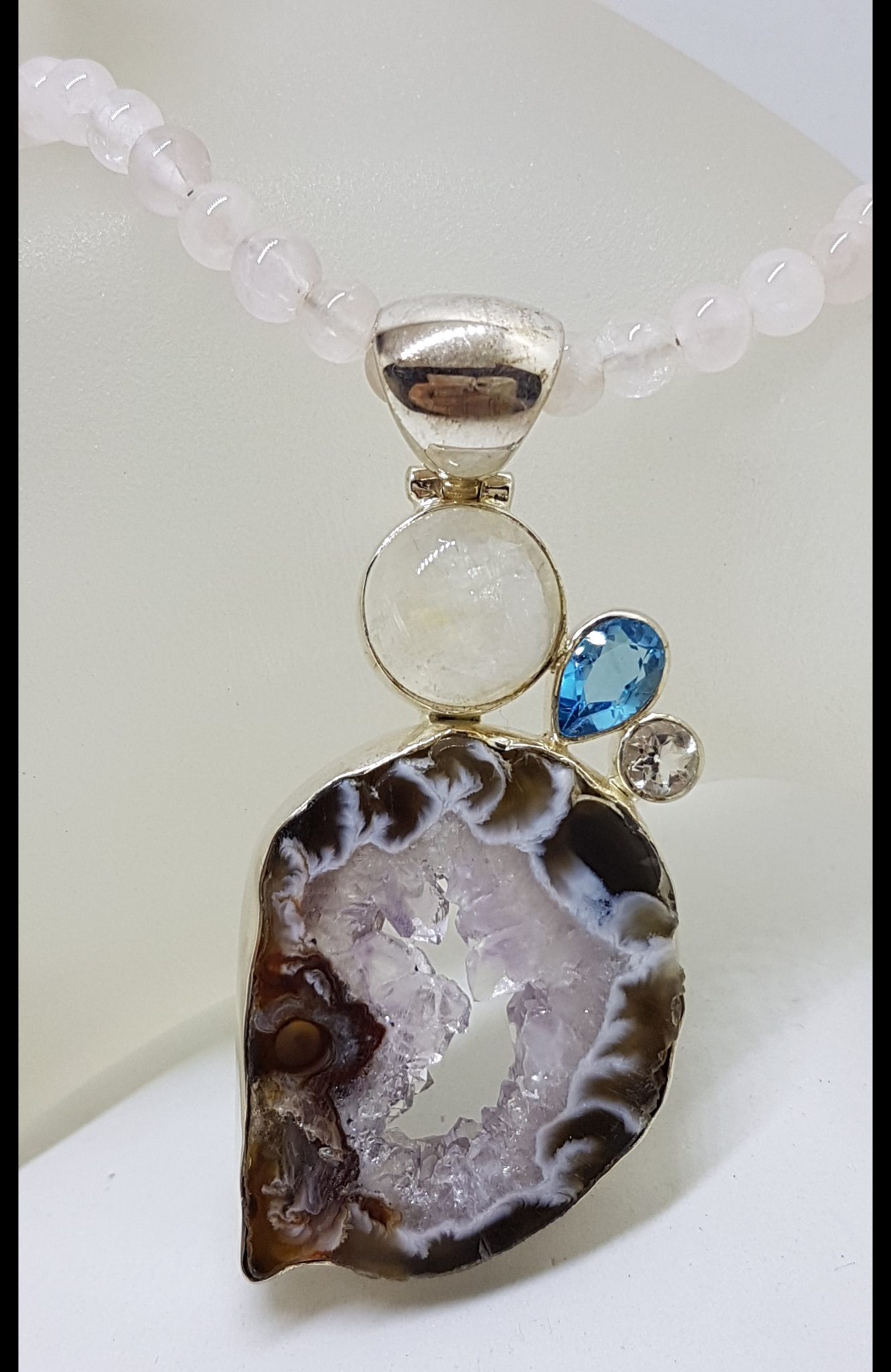 20200815_130040 Sterling Silver Large Moonstone, Topaz, Clear Crystal Quartz and Druzy Agate on Rose Quartz Chain / Necklace