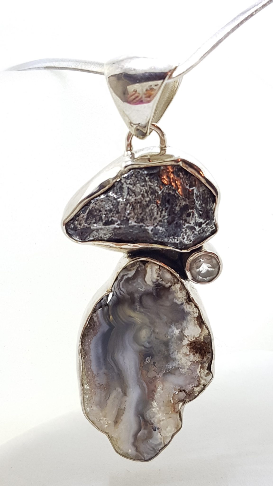 20200815_130153 Sterling Silver Large Meteorite, Clear Crystal Quartz and Agate Pendant on Choker / Chain / Necklace