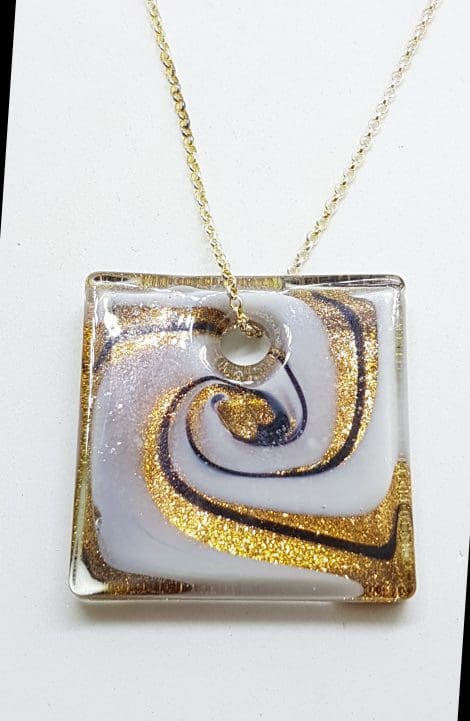 Large Square Murano Glass Gold, Black and White Swirl Pendant on Sterling Silver Chain