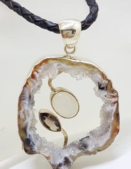 Sterling Silver Druzy Agate with Moonstone and Smokey Quartz Pendant on Black Chain