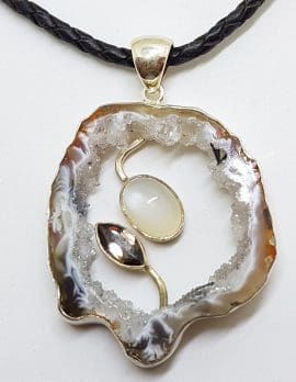 Sterling Silver Druzy Agate with Moonstone and Smokey Quartz Pendant on Black Chain